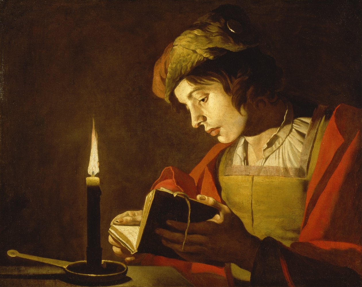 Fiatal férfi olvas gyertyafénynél, 1630 körül alkotó: Matthias Stomer
