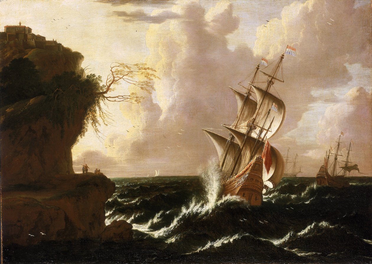 Egy holland hajó a viharban, egy sziklafal előtt, tetején erődített épületekkel. Olaj, vászon, Matthieu van Plattenberg (1608-1660) alkotása. alkotó: Matthieu van (c.1608 60) Plattenberg