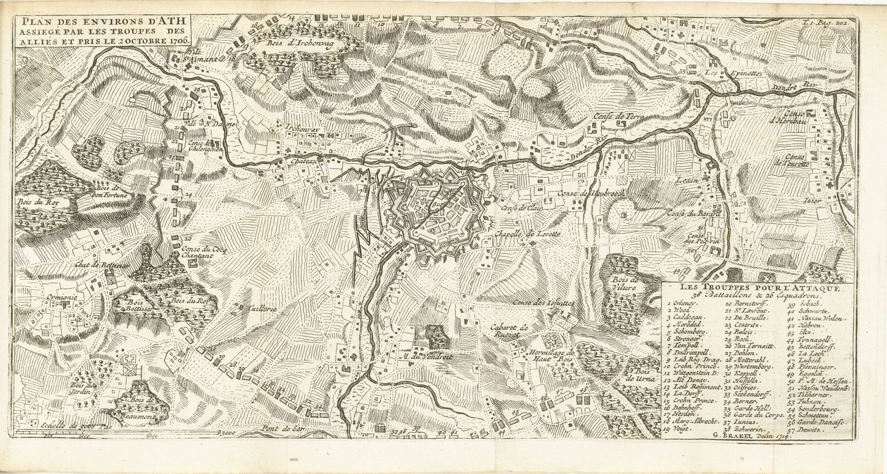 Beleg van Ath, 1706 A szövetségesek csapatai által ostromlott Ath környezetének terve, 1706. október 2-án készült (cím a tárgyon) alkotó: Matthijs Pool (possibly)