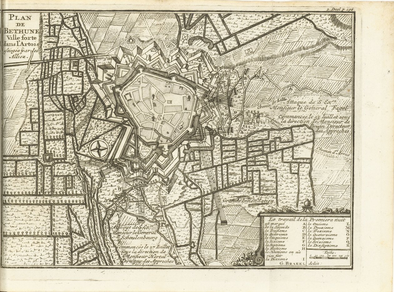 Beleg van Bethune, 1710 A szövetségesek által ostromlott artois-i Bethune erődváros térképe (cím az objektumon) alkotó: Matthijs Pool (possibly)