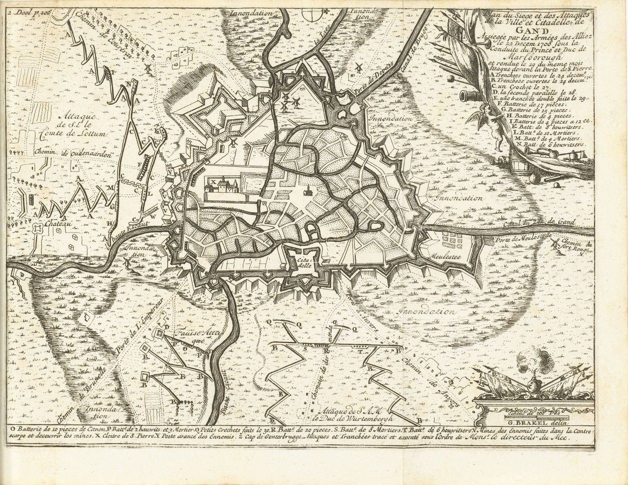 Beleg van Gent, 1708 A szövetségesek hadseregei által 1708. december 22-én Marlborough hercege és hercege vezetésével ostromlott Gent város és fellegvár ostromának és támadásainak térképe (cím a tárgyon) alkotó: Matthijs Pool (possibly)