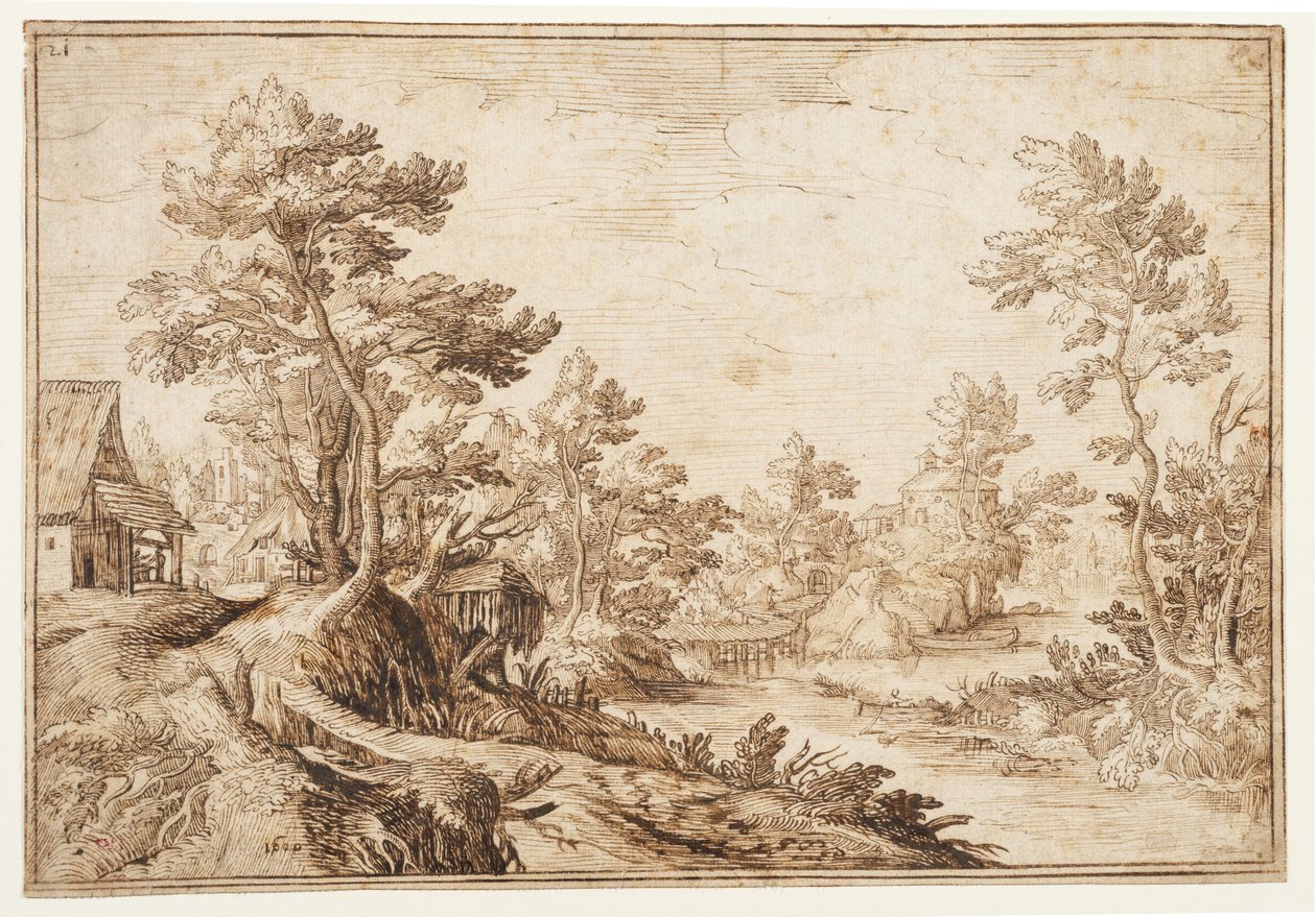 Tájkép folyóval és faluval, 1501-1600 körül (fekete kréta, toll és barna tinta, fektetett papírra) alkotó: Matthijs the younger (after) Bril