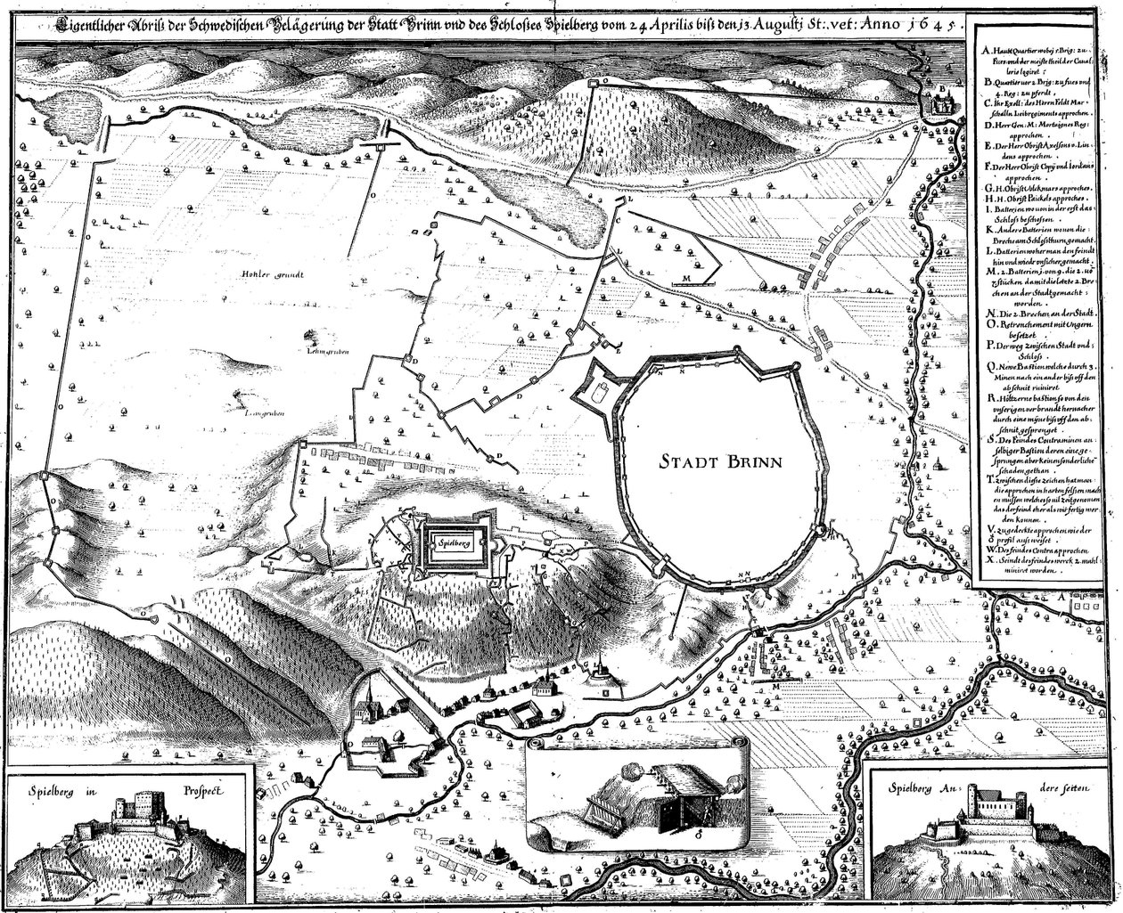 Brno város terve 1645 -ben, azaz a svédek ostromakor, Merian által alkotó: Matthaus Merian