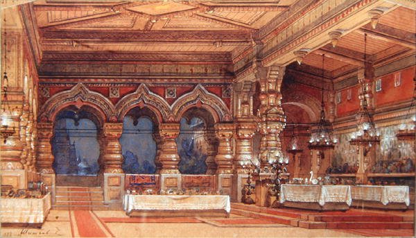 Színpadterv a vízi nimfához, Dargomyzhsky, 1888 (toll, ecset, gouache és arany kartonon) alkotó: Matvey Andreyevich Shishkov
