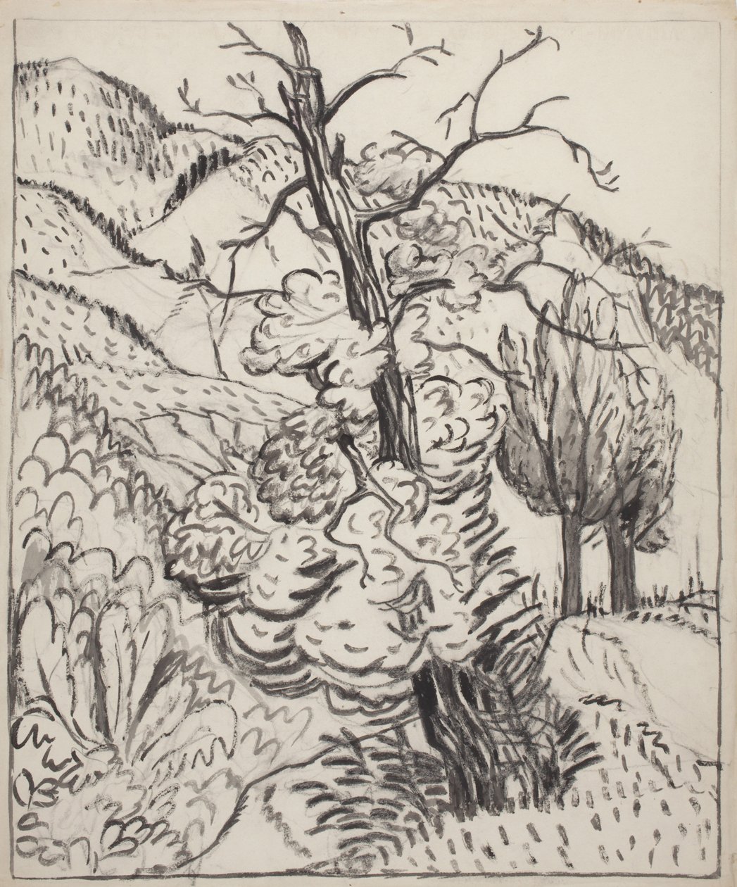 Fa a hegyoldalban, 1930 körül (ecset, tus és szén, törtfehér vattapapírra) alkotó: Maud Hunt Squire