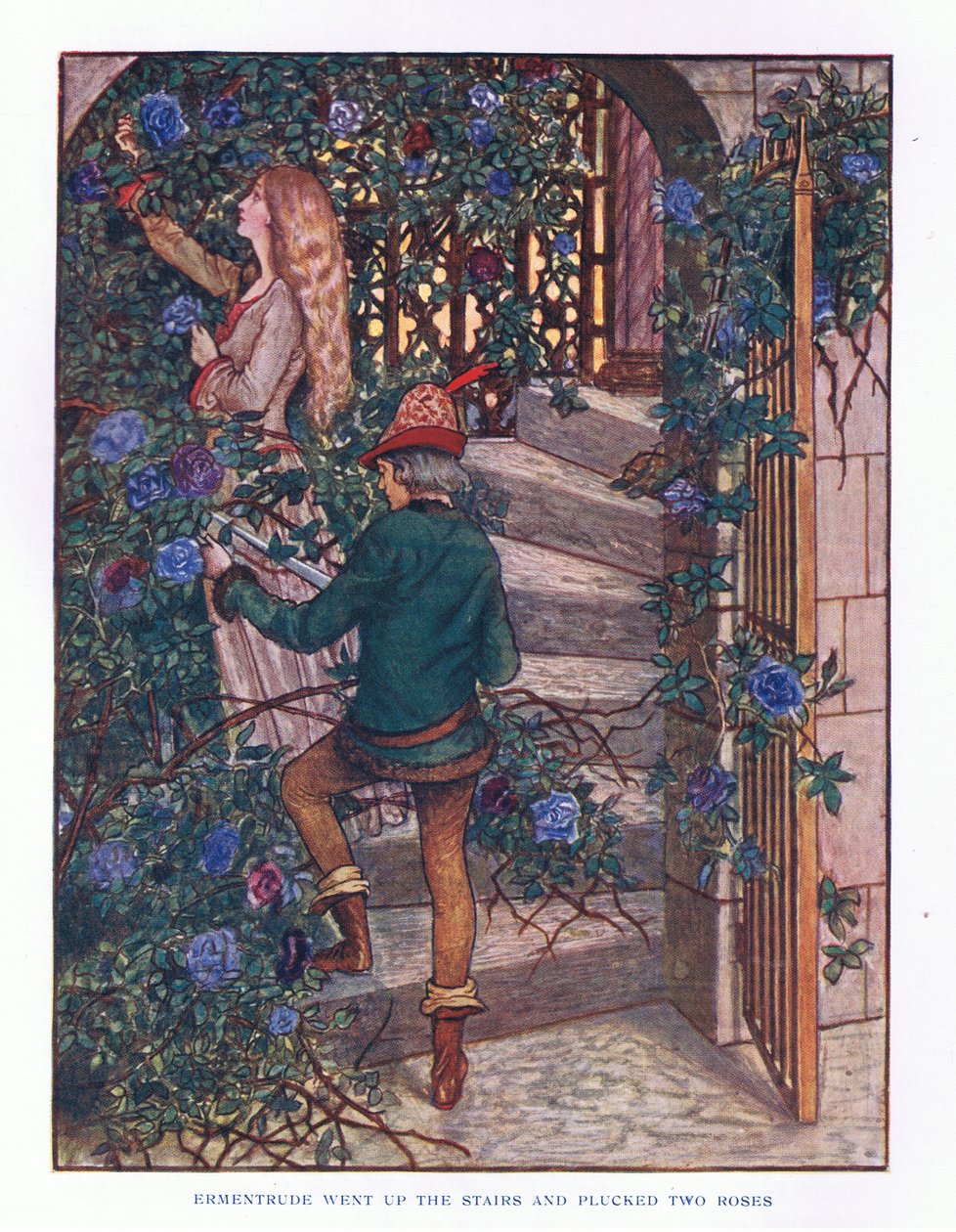 Ermentrude felment a lépcsőn, és leszedte a rózsákat, illusztráció a Lady and Fairy Tales, 1914-ből alkotó: Maud Tindal Atkinson