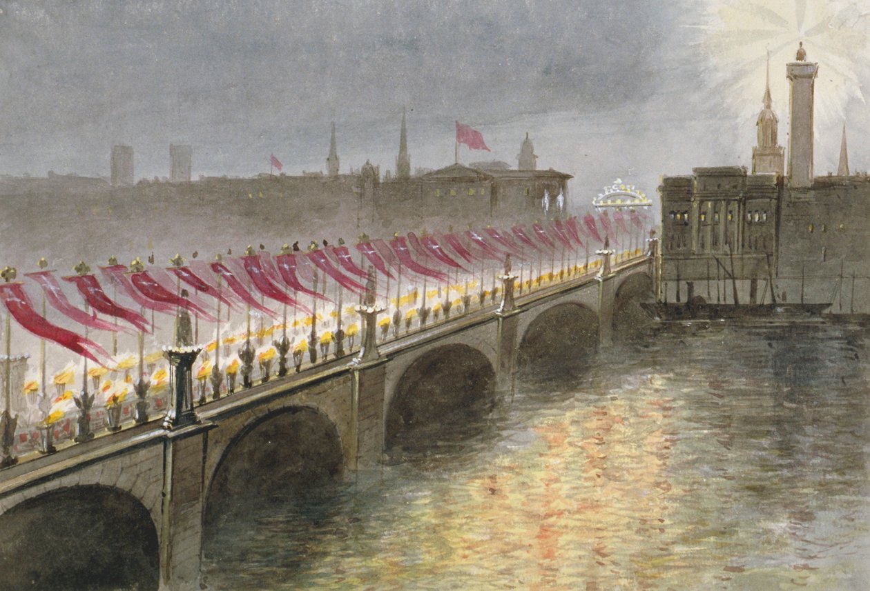 Kilátás a London Bridge-re Alexandra dán hercegnő érkezésének éjszakáján, 1863-ban alkotó: Maul