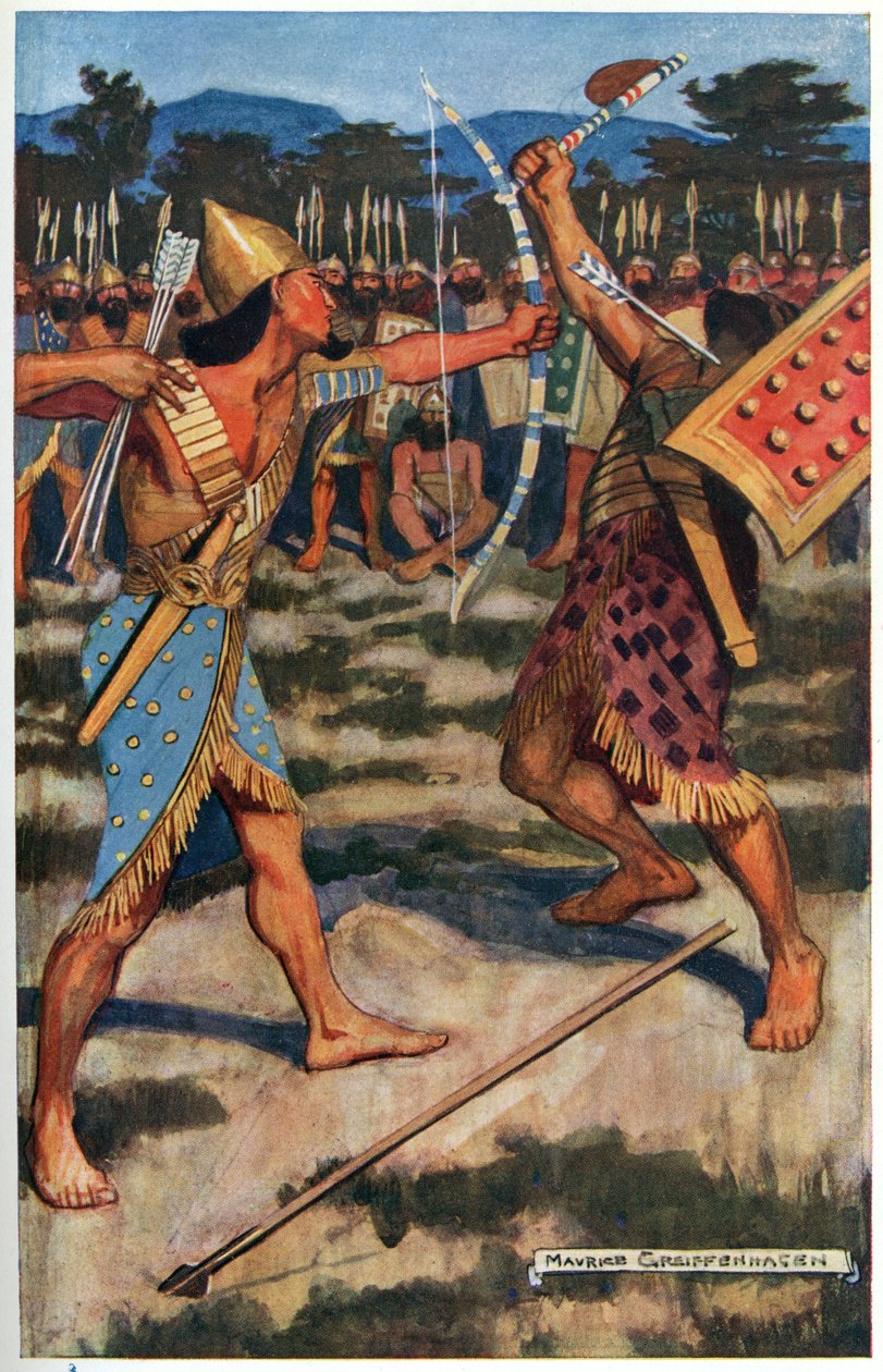 Senuhet megöli Tonu harcosát, illusztrációja az „Egyiptomi mítosz és legenda”-ból, a Gresham Publishing, Co. kiadásában. alkotó: Maurice Greiffenhagen