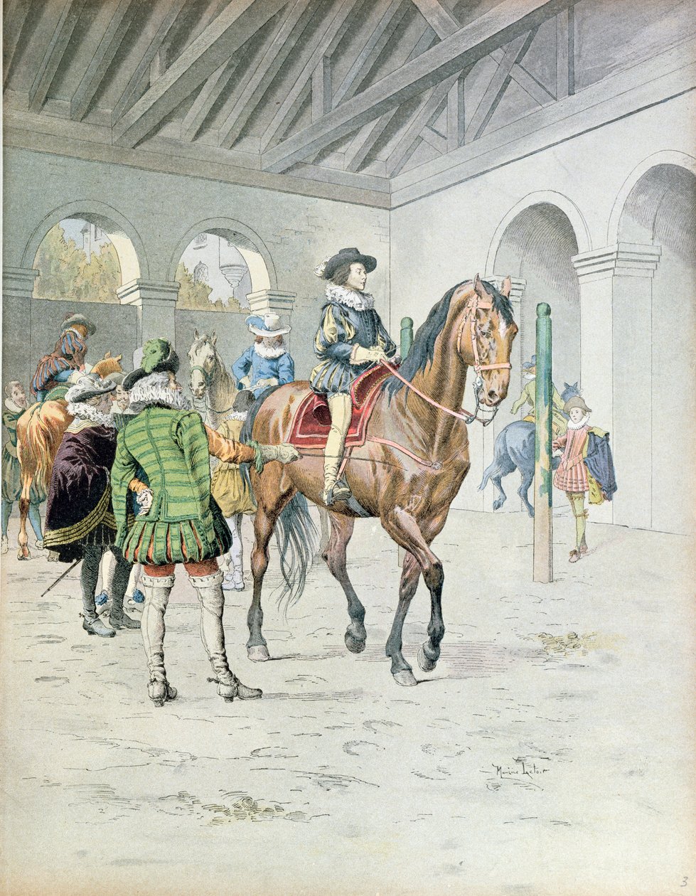 Armand-Jean du Plessis, Richelieu bíboros (1585-1642) lovagolni tanul, Theodore Camu illusztrációja Richelieu életéből, 1910 alkotó: Maurice Leloir