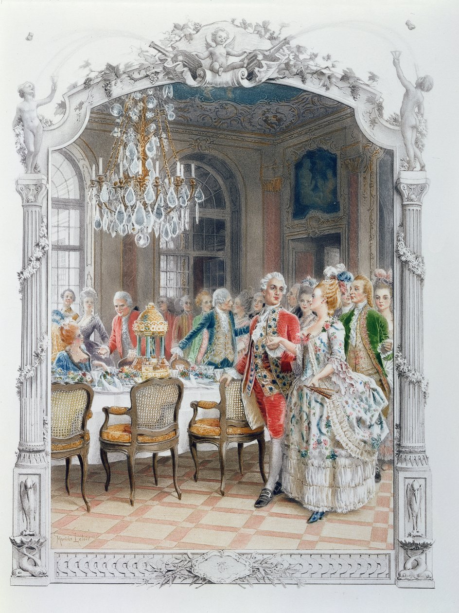 Elegáns étkezés a 18. században, illusztráció az „Une femme de qualite au siecle passe”-ból, 1885 körül alkotó: Maurice Leloir