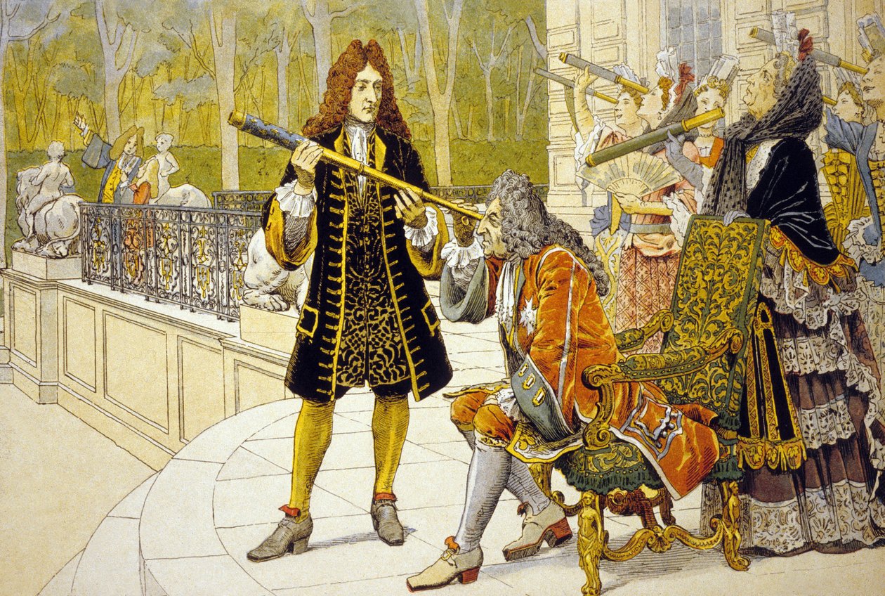 Louis XIV és Jacques Cassini színes litho alkotó: Maurice Leloir