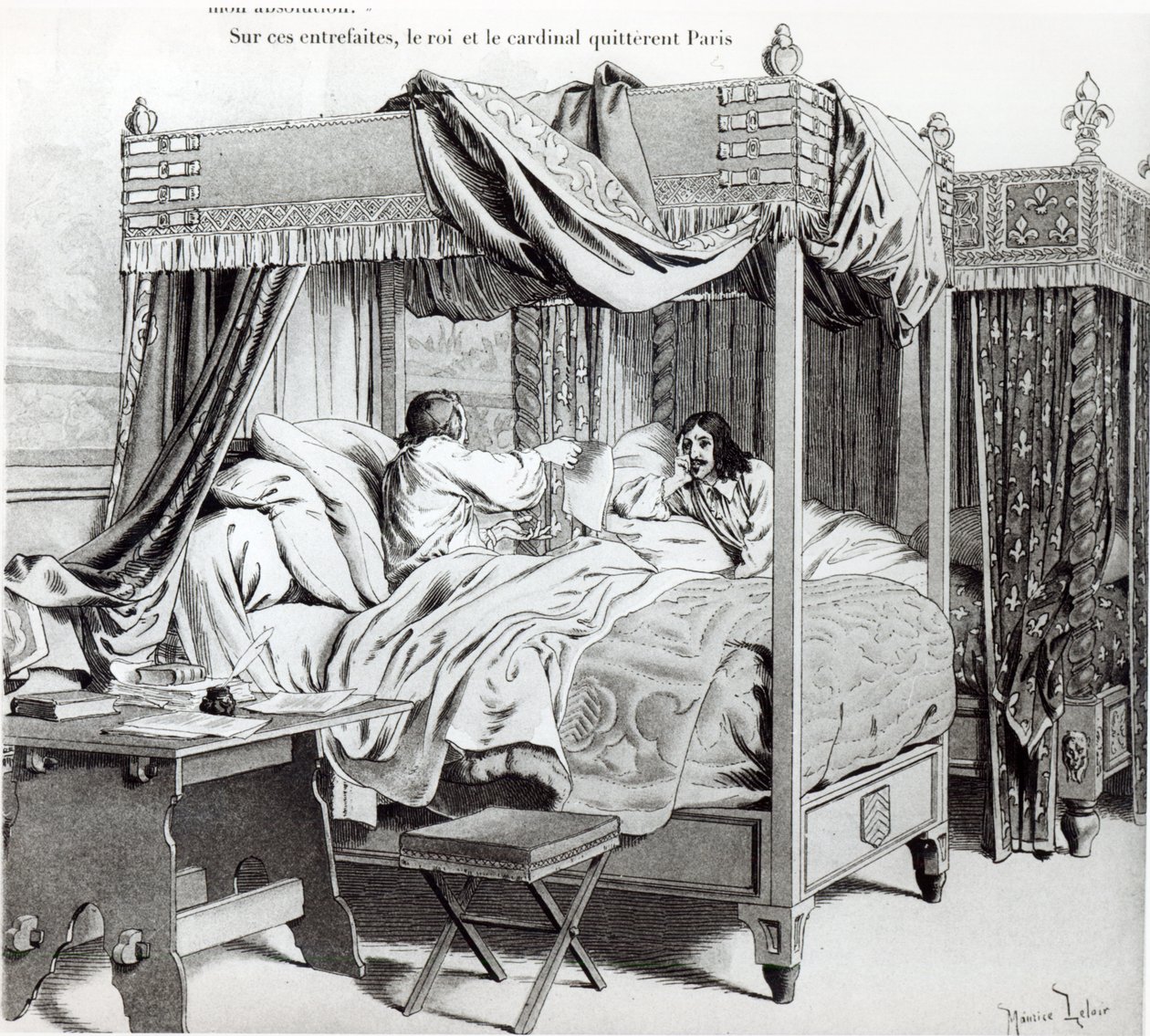 Richelieu (1585-1642) felfedte XIII. Lajosnak (1610-43) a Cinq-Mars cselekményét 1642-ben Theodore Cahu "Richelieu" című művéből, amelyet Boivin adott ki 1910-ben. alkotó: Maurice Leloir