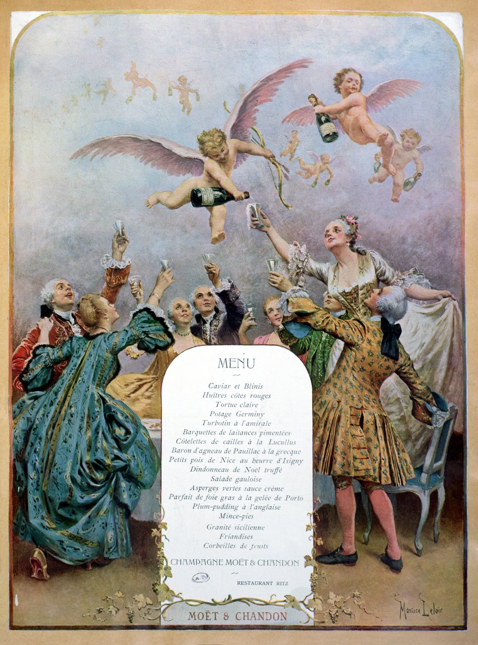 A Ritz étterem étlapja, amely egy csoport 18. századi elegáns férfit és nőt ábrázol, akik pezsgőt isznak és kerubok szolgálják fel őket, 1910. alkotó: Maurice Leloir