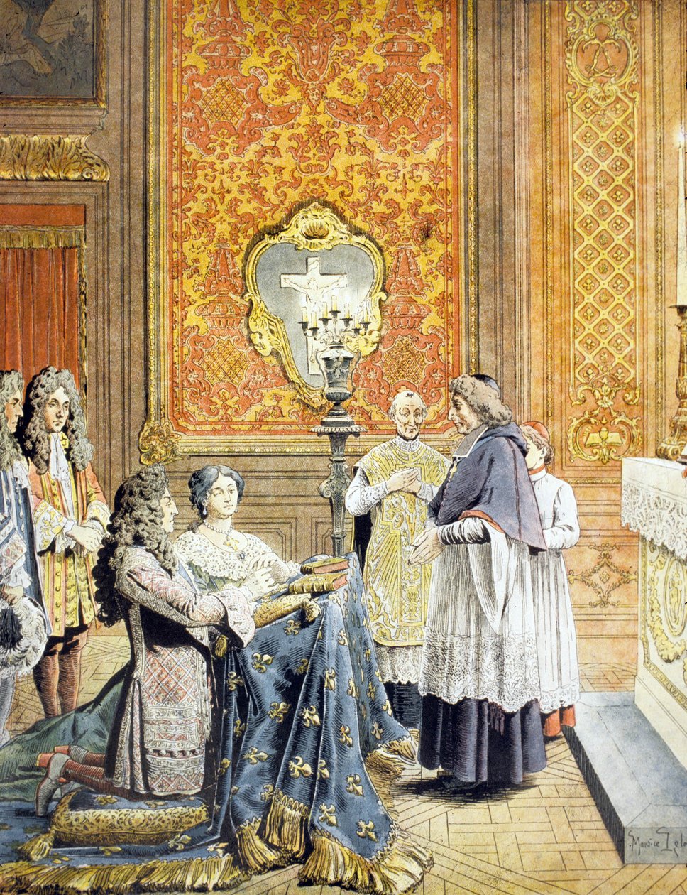 Titkos esküvő XIV. Lajos király és Francoise dAubigne, Mme de Maintenon között, 1683. október 9-10. Francois Harlay de Champvallon és Pere Lachaise párizsi érsek, Monseigneur jelenlétében. alkotó: Maurice Leloir