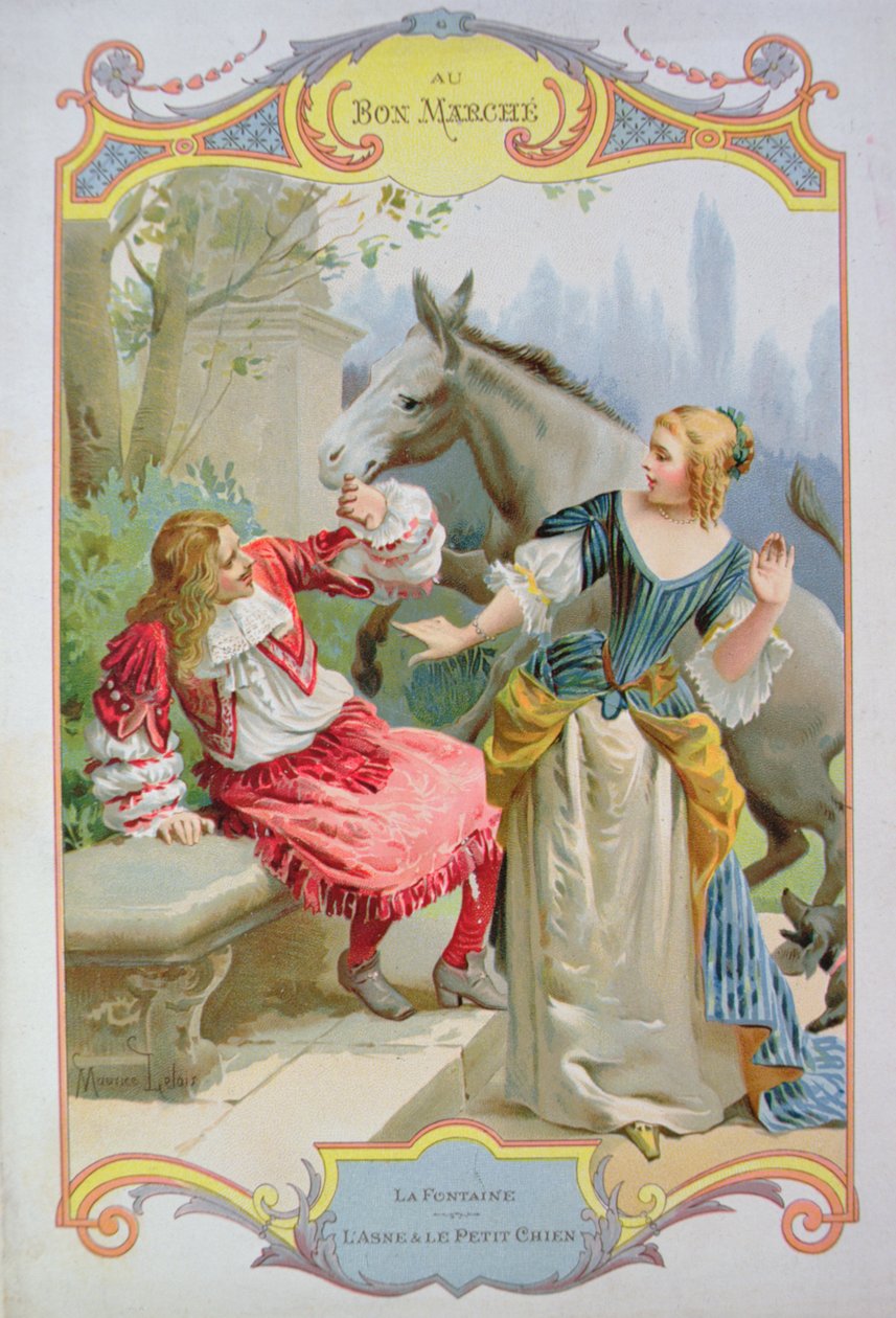 A szamár és a kis kutya, Jean de La Fontaine (1621-95) meséiből, az Au Bon Marche áruház reklámja alkotó: Maurice Leloir