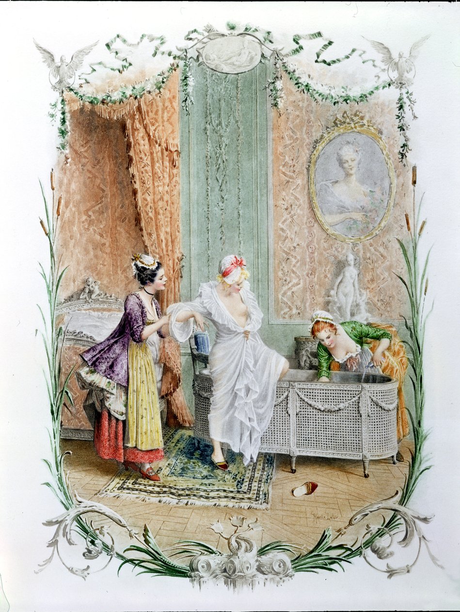 A reggeli fürdő, a 18. század második felének elegáns párizsi életének illusztrációja, 1890 körül. alkotó: Maurice Leloir