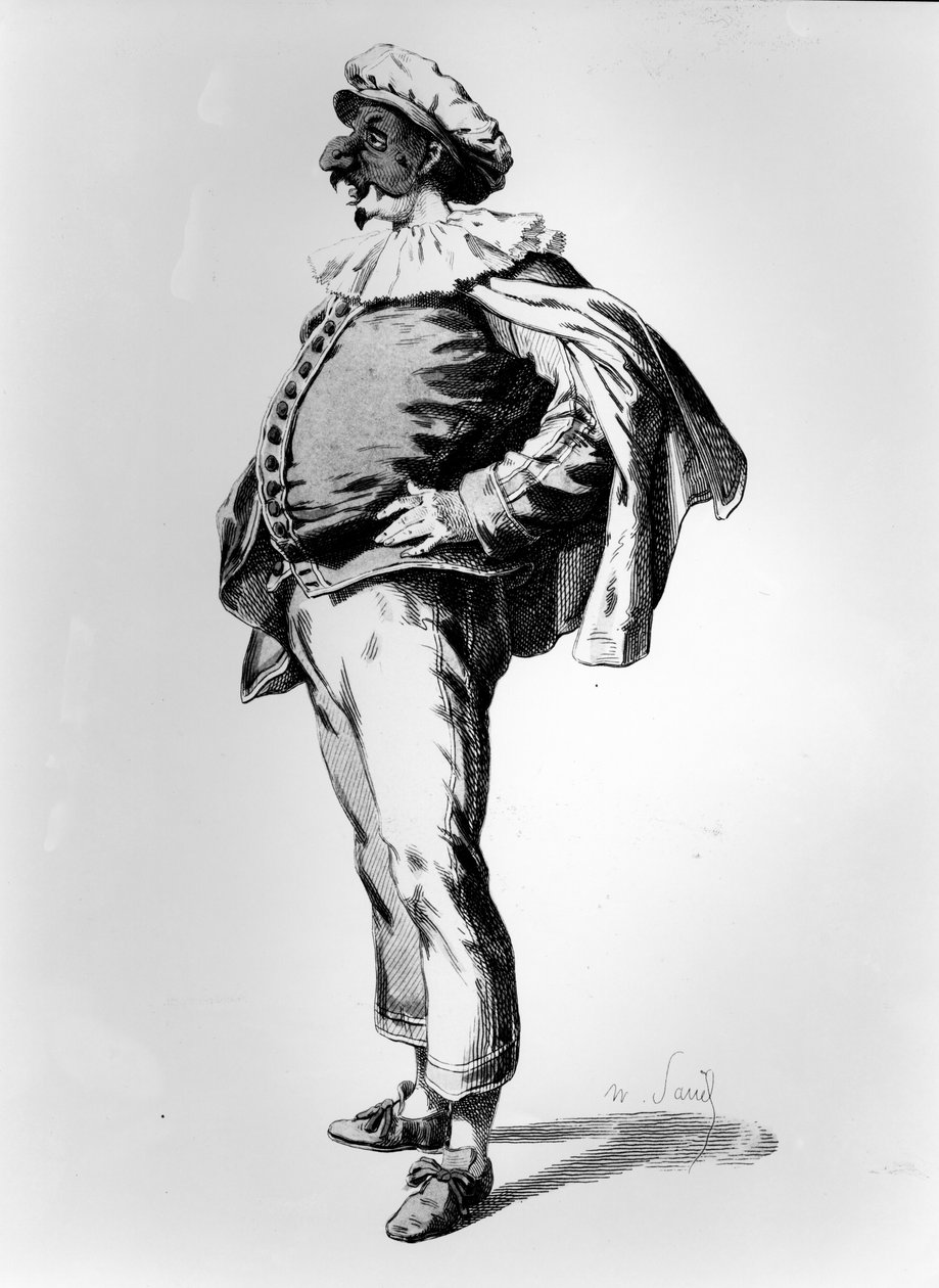 Polichinelle, 1685, 1860 színpadi jelmezében ábrázolva alkotó: Maurice Sand