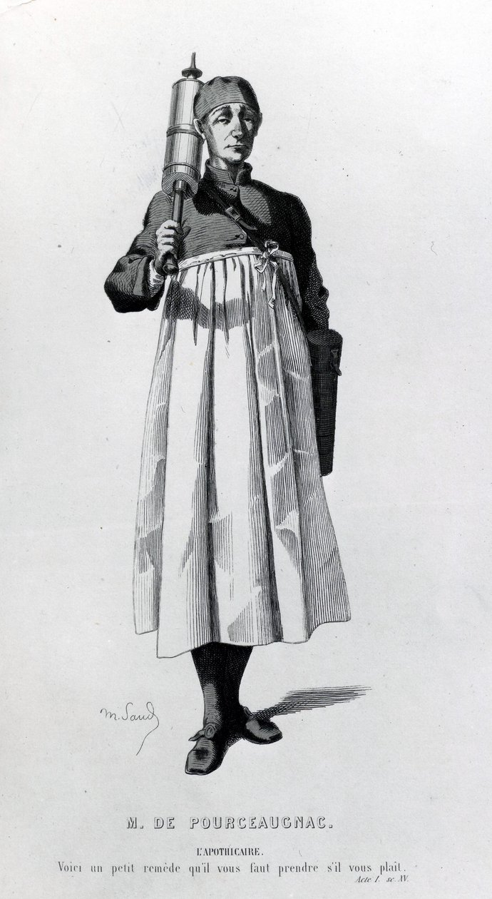 A patikushoz tartozik egy fecskendő Monsieur de Pourceaugnac számára, amely az „Oeuvres completes de Moliere” című könyvből származik, 1669 alkotó: Maurice Sand