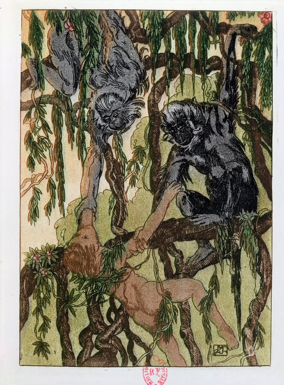 Maugli és a majmok, illusztráció a dzsungel könyvéből, Rudyard Kipling (1865-1936) Párizsban, 1930. alkotó: Maurice de Becque