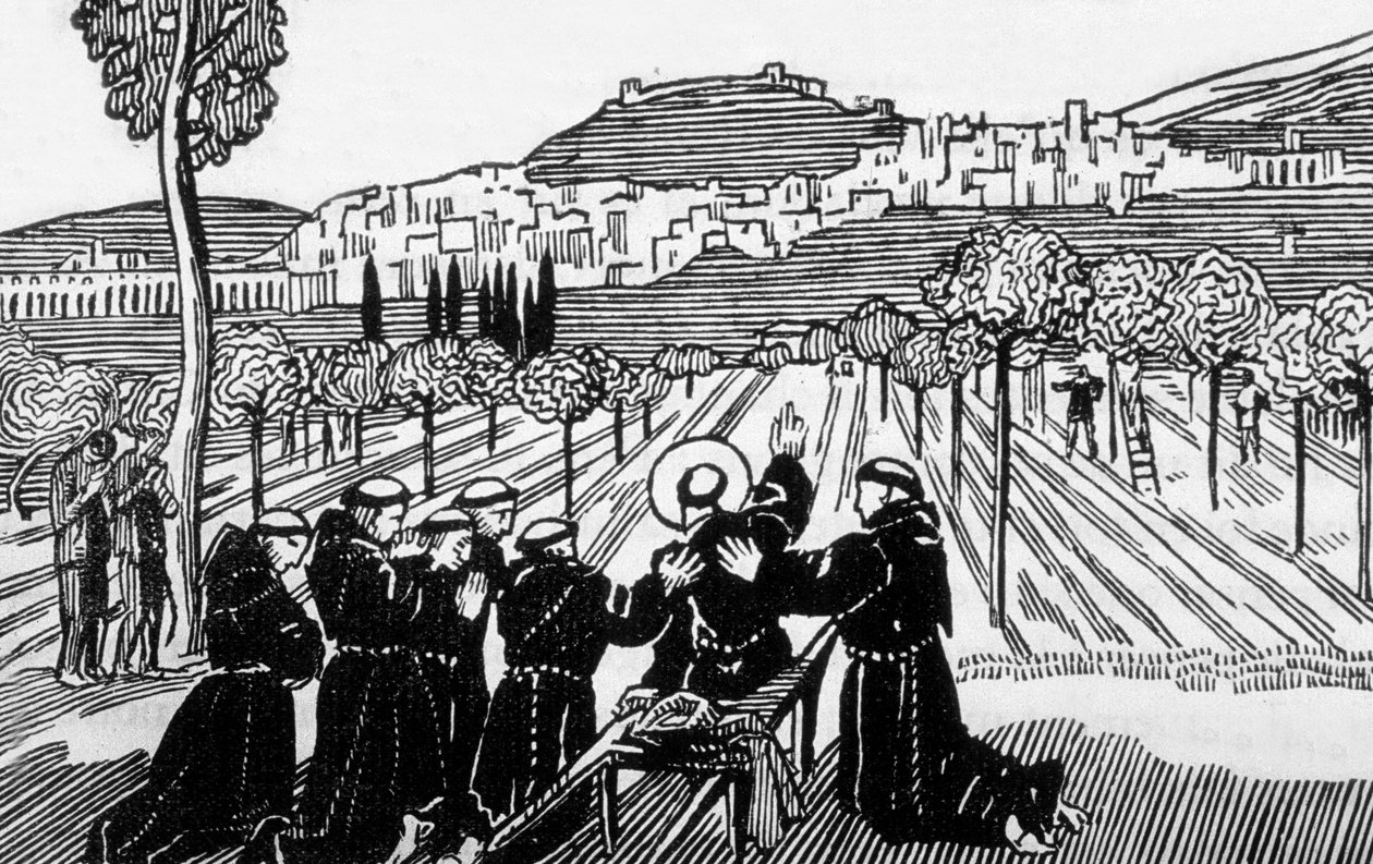 Assisi városát megáldó Assisi Szent Ferenc halála, Maurice Denis rajza nyomán Jacques Beltrand metszet alkotó: Maurice (after) Denis
