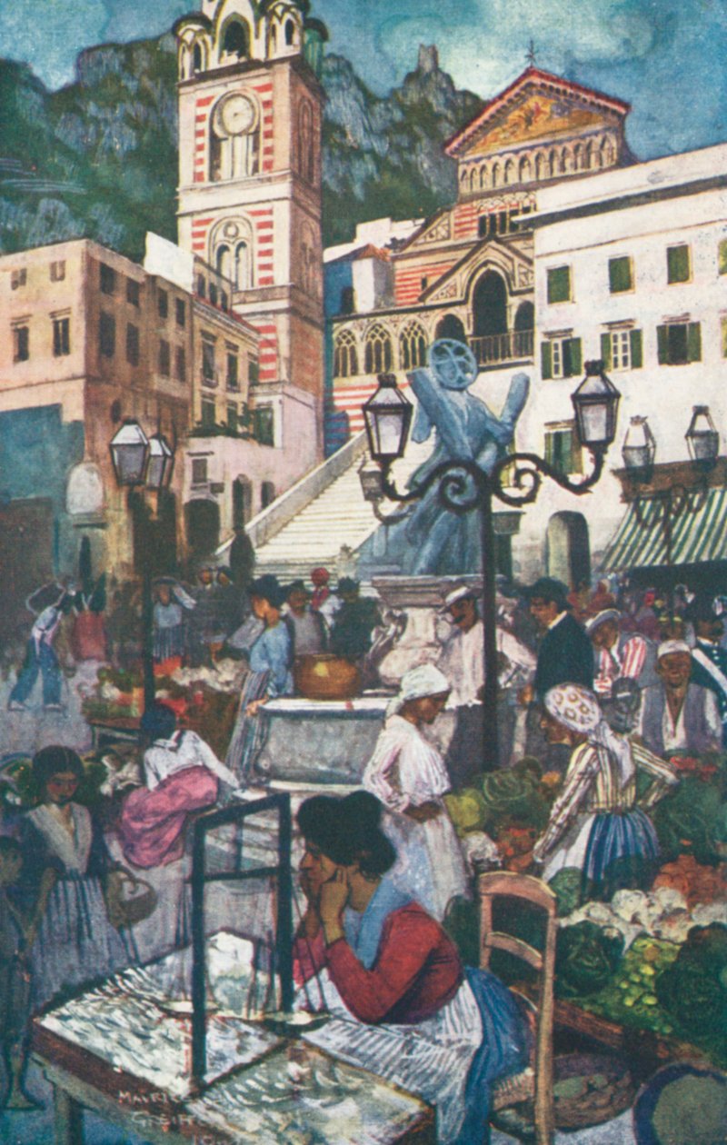 Amalfi, Piazza és Duomo (színes litho) alkotó: Maurice (after) Greiffenhagen
