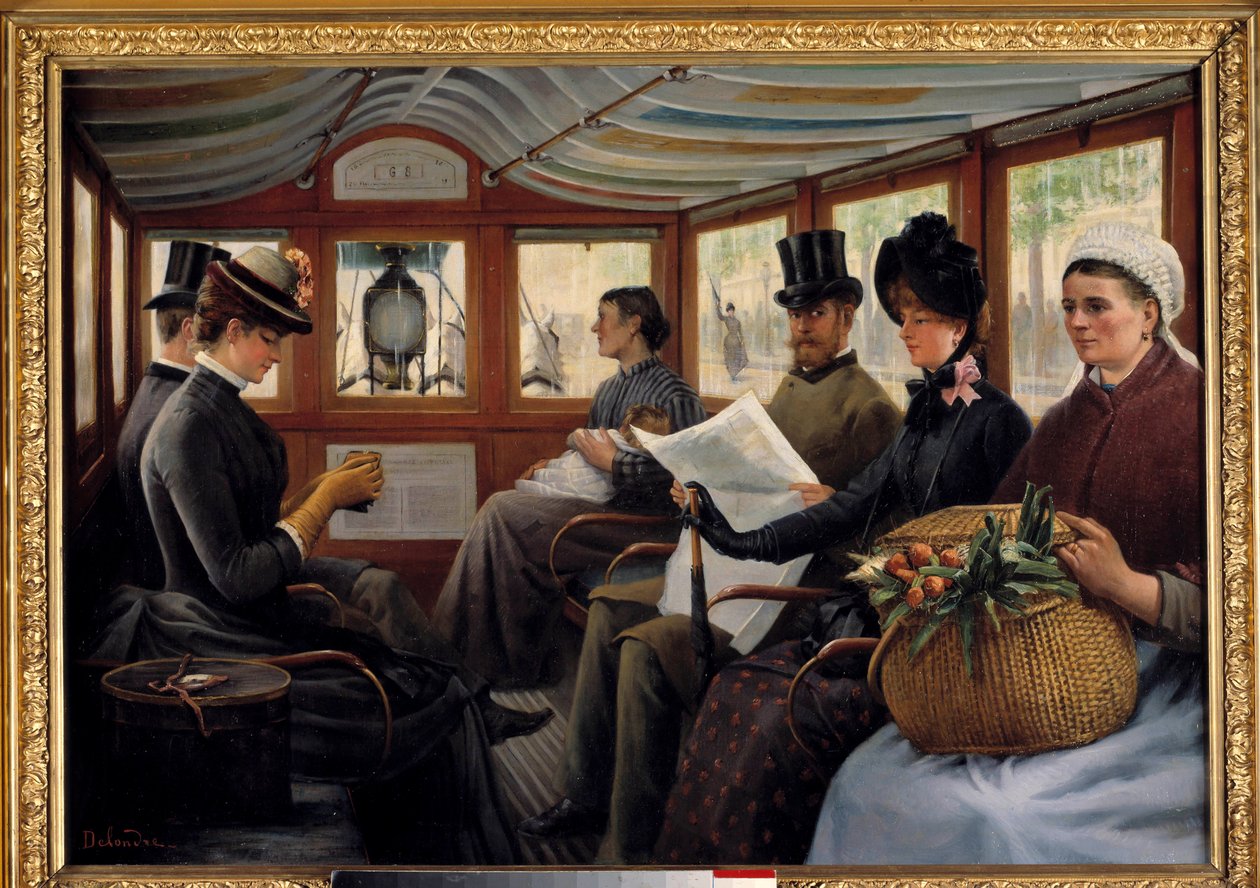 Az omnibuszban Az utasok omnibuszban telepednek le. Maurice Delondre festménye (XIX. század) 1890 V. 0,66x0,94 m Párizs, Musee Carnavalet alkotó: Maurice Delondre