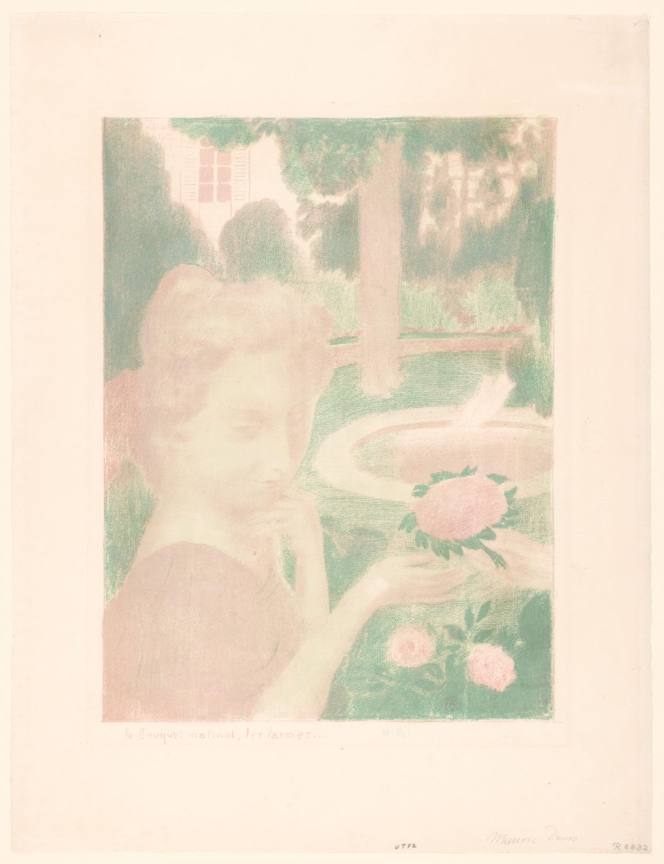 Fiatal nő virágcsokrot kap a kertben Le bouquet matinal, les larmes... (cím a tárgyon) A szerelem ábrázolásai (sorozat címe) Amour (sorozat címe) alkotó: Maurice Denis