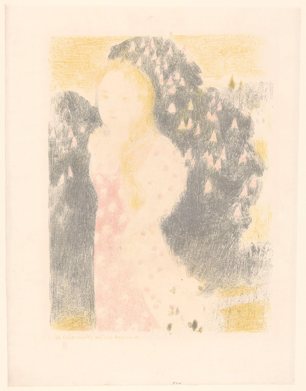 Lány egy virágzó bokor előtt Les crépuscules ont une douceur (cím a tárgyon) Szerelemábrázolások (sorozat címe) Amour (sorozat címe) alkotó: Maurice Denis