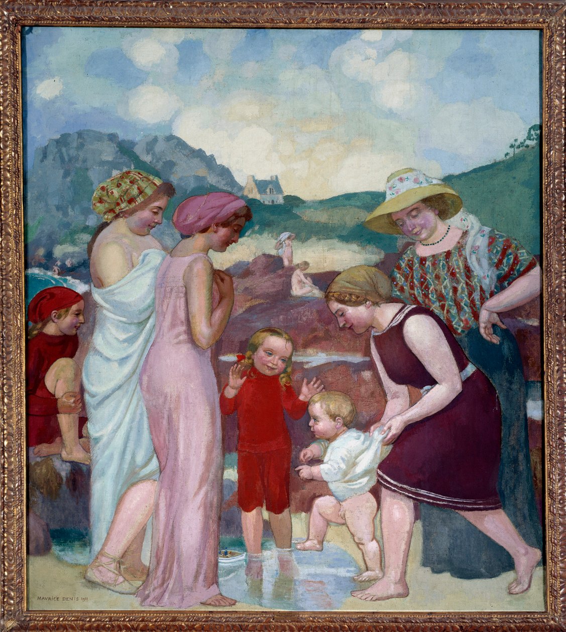 Az első lépések. Egy fiatal fiú megteszi első lépéseit édesanyja és családja előtt alkotó: Maurice Denis