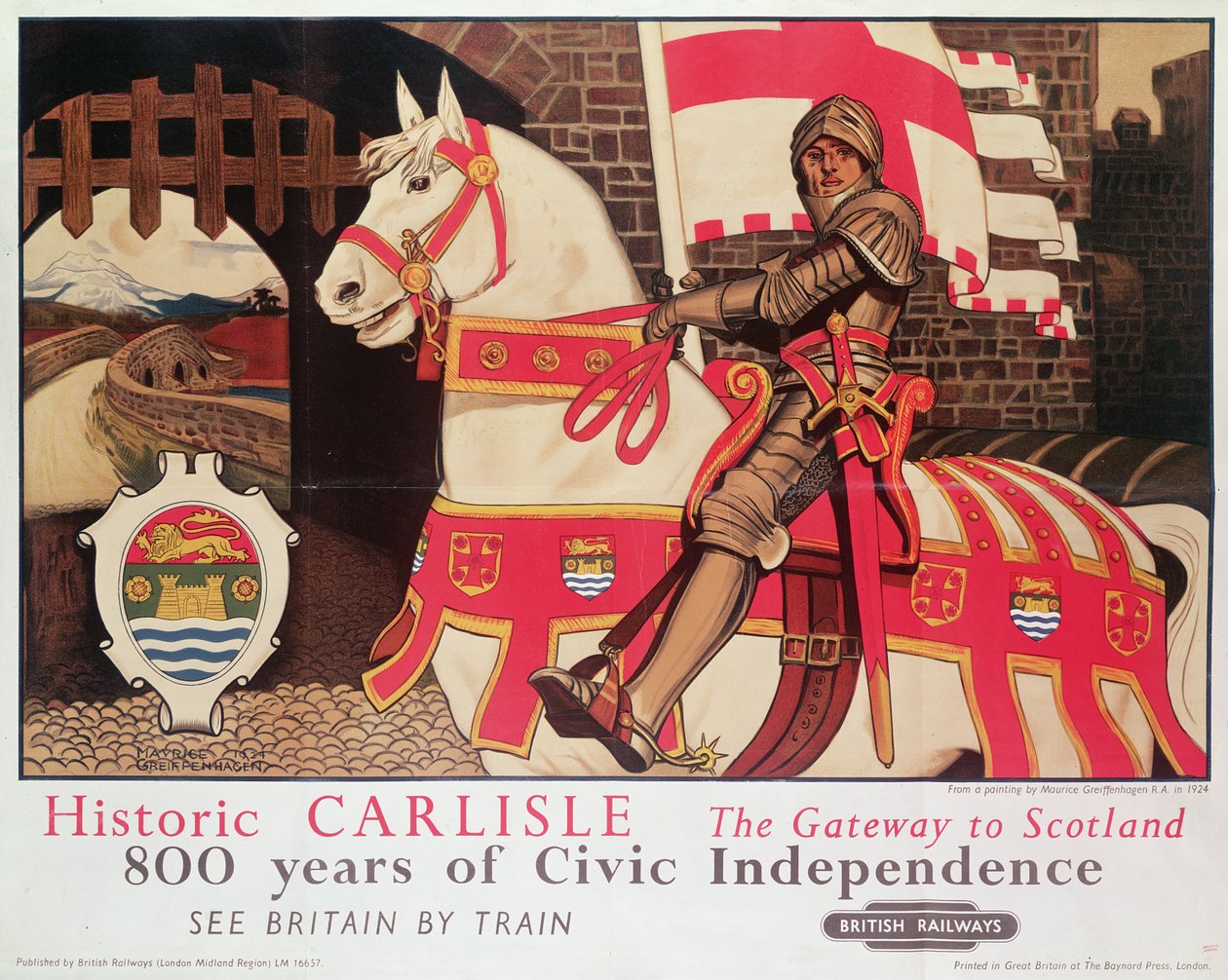 A brit vasúti plakát: „Historic Carlisle, Gateway to Scotland”, 1924 alkotó: Maurice Greiffenhagen