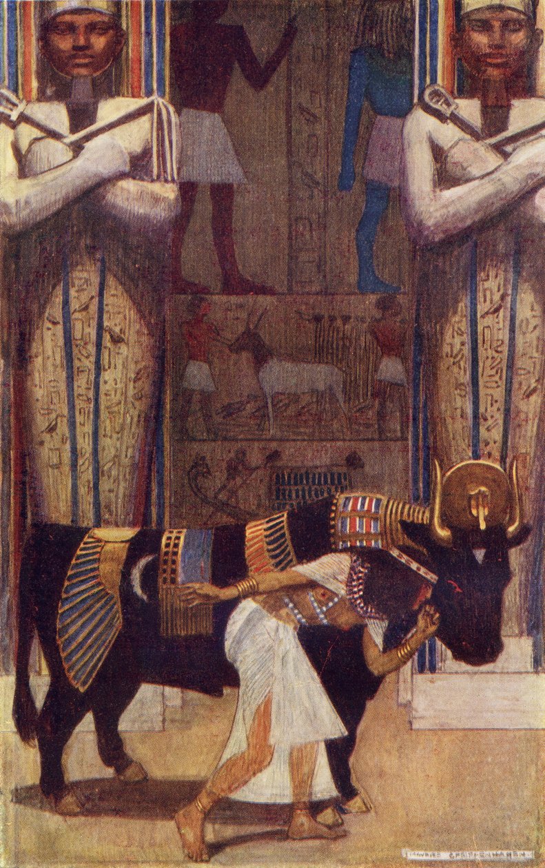 Az asszonylány és a bata bika a The Peasant Who Became King című meséből, illusztráció Donald A. Mackenzie "Egyptian Myth and Legend" című, 1907-ben megjelent művéből. alkotó: Maurice Greiffenhagen