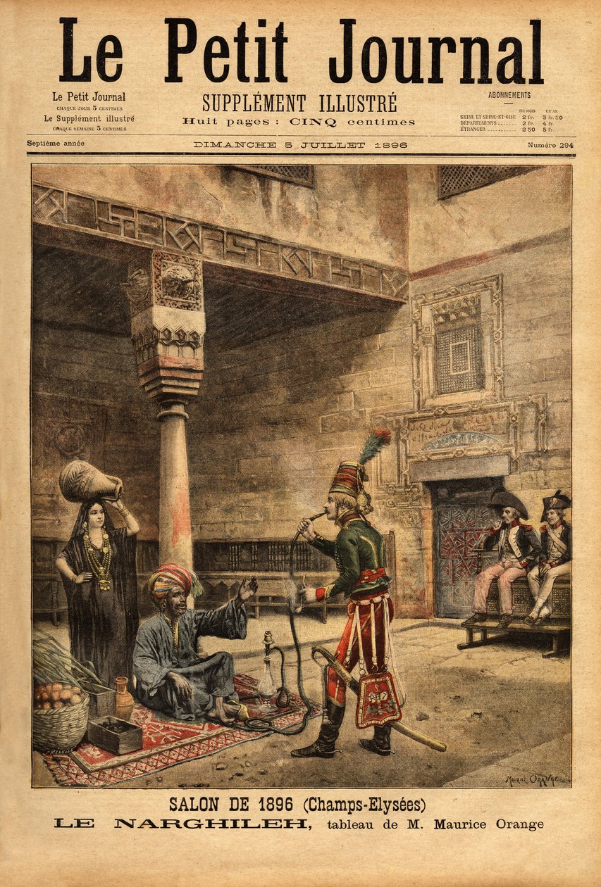 Az egyiptomi francia hadjárat során egy katona kihallgat egy bennszülöttet a vízipipájáról, a narghileh-ről (vagy narghileh), Maurice Orange 1896-os szalonban bemutatott festménye alapján. Metszet a „” Le petit journal”-ban 1896.07.05. Selva c alkotó: Maurice Henri (after) Orange
