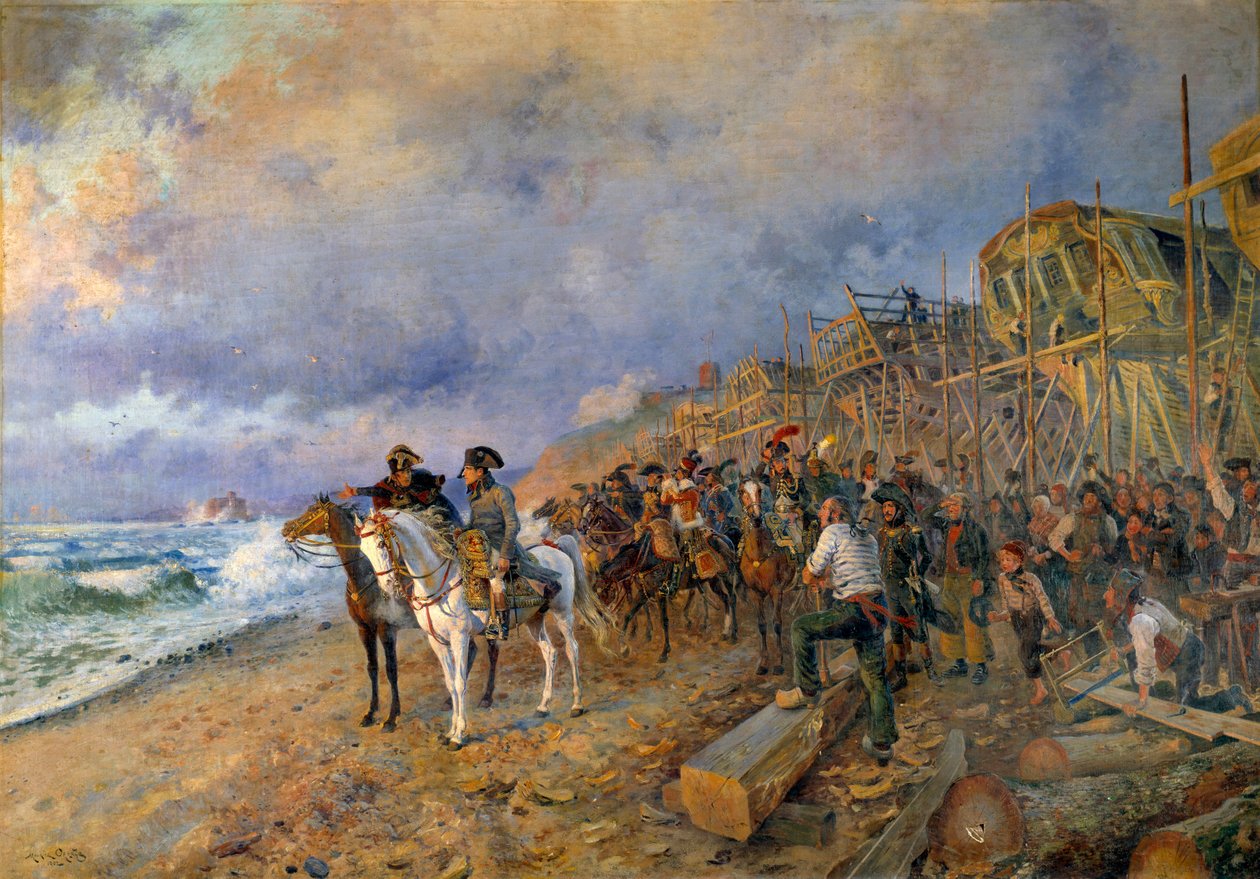 Napóleon Bonaparte (1769-1821) első konzul meglátogatja Maurice Orange (1868-1916) Boulogne-i festményeinek arzenálját 1804 (Nap: 214x304 cm) Párizs, Musee de l