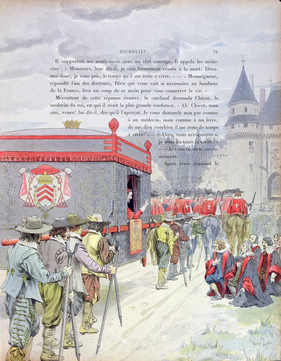 Armand-Jean du Plessis, Richelieu bíboros (1585-1642) egy alomban utazik, amikor egy idős férfi, Theodore Camu illusztrációja Richelieu életéből, 1910 alkotó: Maurice Leloir
