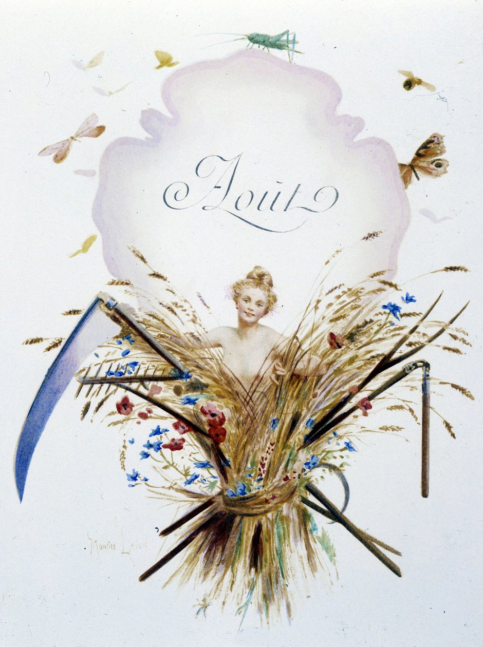 Augusztus „A hónap dala”, Jérôme Doucet, illusztráció - Maurice Leloir, szerk. Reims 1904. L. Michaud alkotó: Maurice Leloir