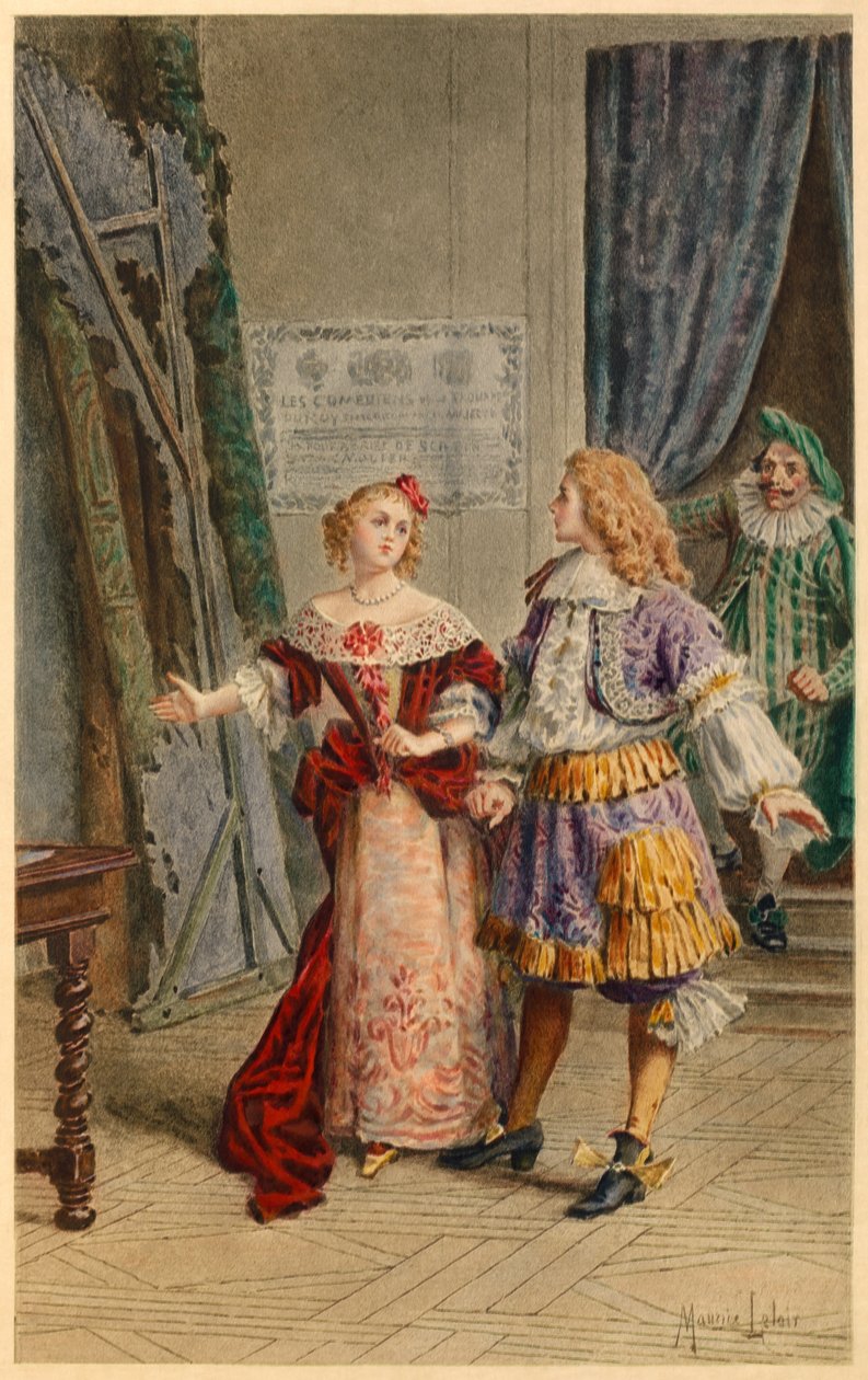 Scapin, Armande, Baron és Moliere (illusztráció) a színfalak mögött. alkotó: Maurice Leloir