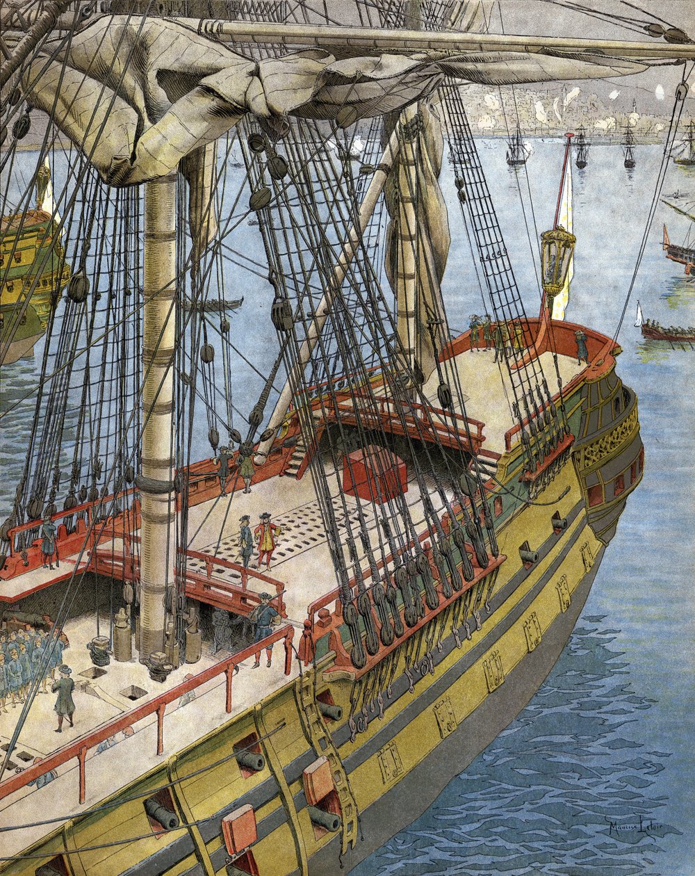 Algír városának bombázása és tűzgyújtása 1682-ben: Abraham Marquis Duquesne (1604 és 1610-88 között), a francia haditengerészet tisztje hajójáról nézi a galiotes bombák hatását. Kromatipográfiája a „Le Roy Soleil”-ben (XIV. Lajos), Gu alkotó: Maurice Leloir