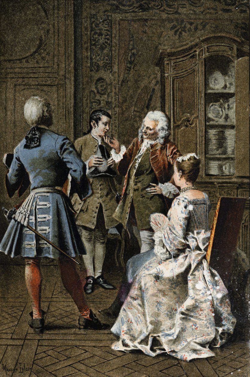Chez monsieur de G. M. - L’abbe Prevost (1697-1763) francia író „Manon Lescaut és a Chevalier Des Grieux története” című művében. Metszet Maurice Leloir rajzai alapján (1885). alkotó: Maurice Leloir