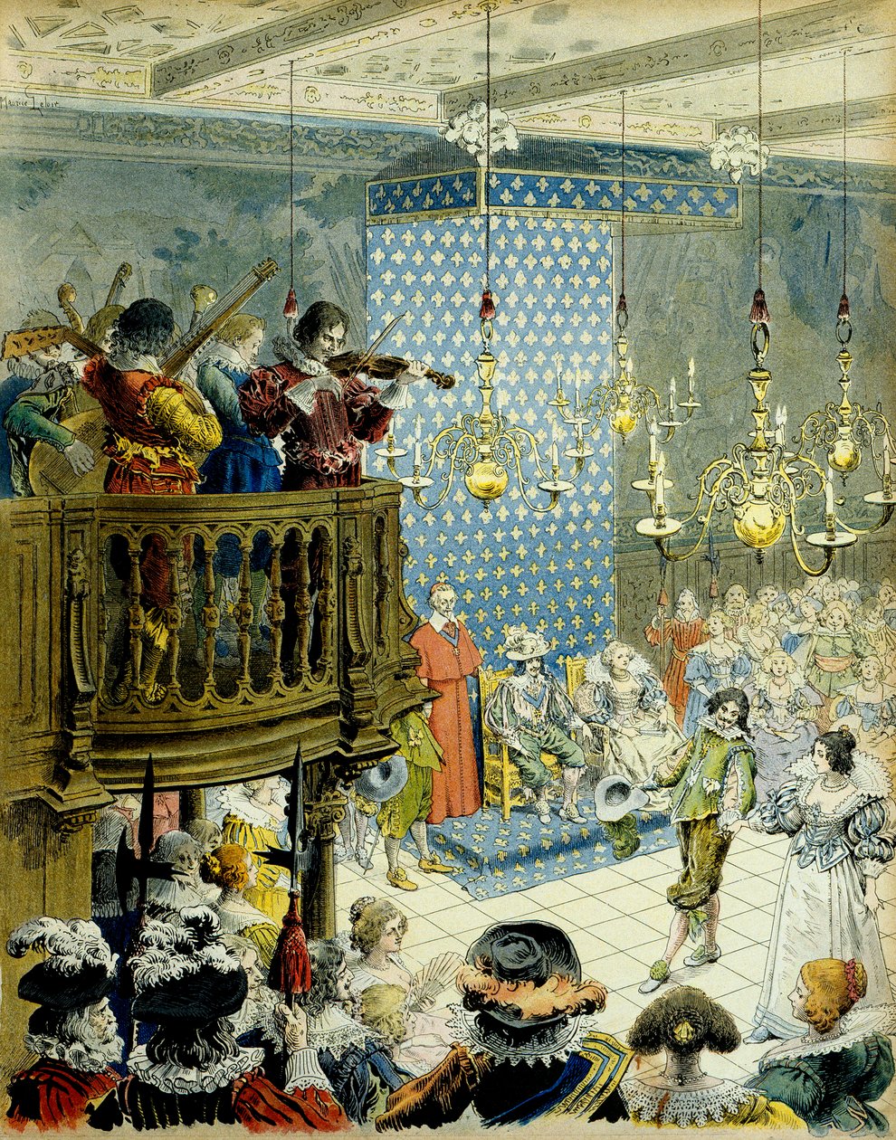 Franciaország története: Bál XIII. Lajos király (1601-1643) udvarában Marie de Medicis királynővel (1575-1642) és Richelieu bíborossal (Armand Jean du Plessis) alkotó: Maurice Leloir