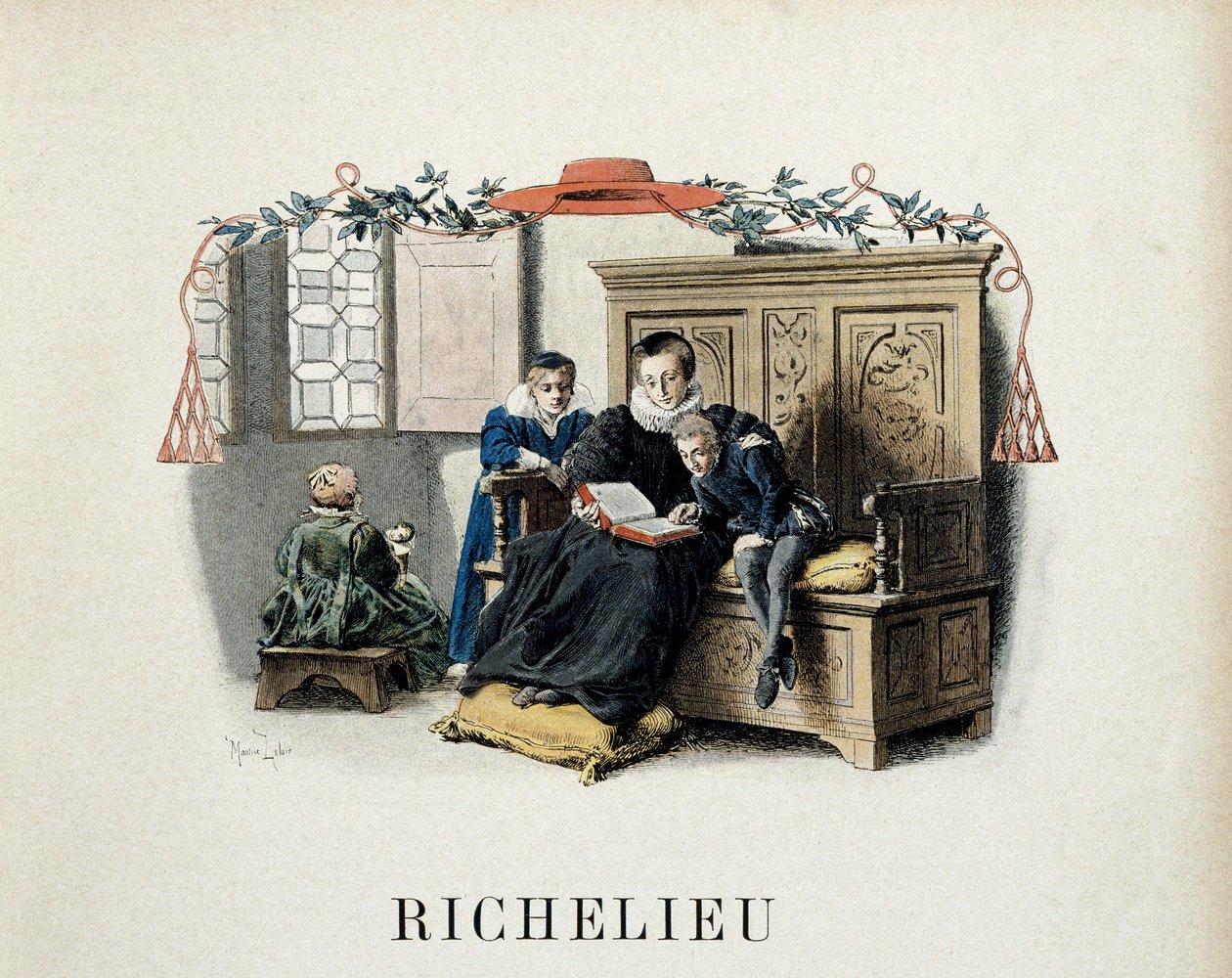 Franciaország története: Armand Jean du Plessis édesanyja, aki Richelieu bíboros (1585-1642), majd XIII. Lajos minisztere lett, vezeti első olvasmányait. Maurice Leloir (1853-1940) illusztrációja Theodore Cahu "" Richelieu" című művében alkotó: Maurice Leloir