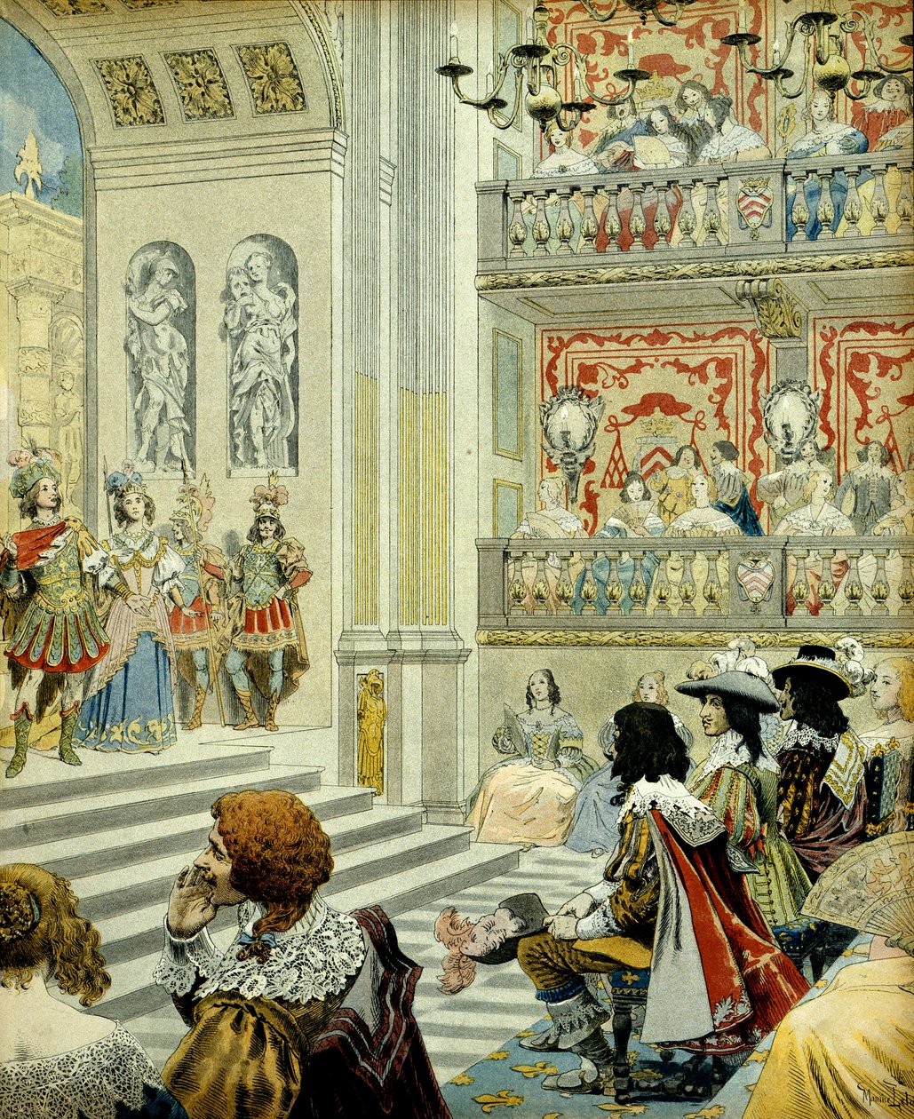 Franciaország története: A bíborosi palota (ma királyi palota) színházában a Mirame című darab, Richelieu bíboros (Armand Jean du Plessis) 1641-ben írt hősi komédiája. alkotó: Maurice Leloir