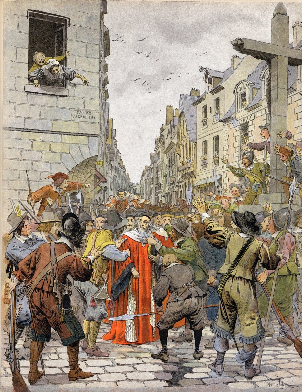 La Fronde: Journees des Barricades (1648. augusztus): A Trahoir keresztjénél (a Saint Honore utcák (Saint-Honore) és a párizsi Dry Arbre sarkán) a tömeg követeli Mathieu Mole-tól (1584-1656), A parlament első elnöke, menjen a Palais R-be alkotó: Maurice Leloir