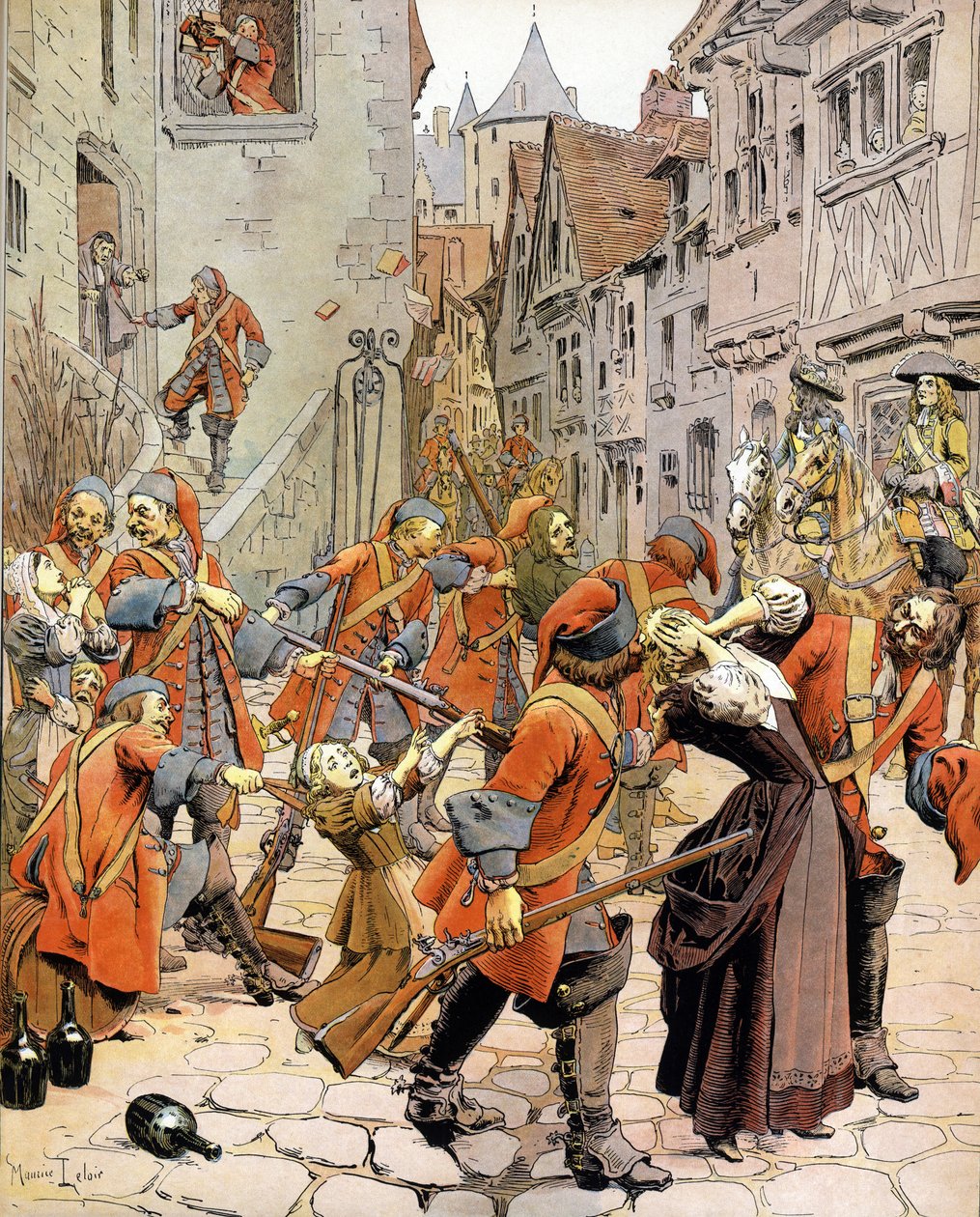 Les Dragonnades (1681-1685): egy protestáns család szétverése a megtérő protestánsokkal megbízott sárkánycsapatok által. Gustave Toutwelve „Le Roy Soleil” (XIV. Lajos) kromotipográfia, Maurice Leloir (1853-1940) illusztrációja alkotó: Maurice Leloir