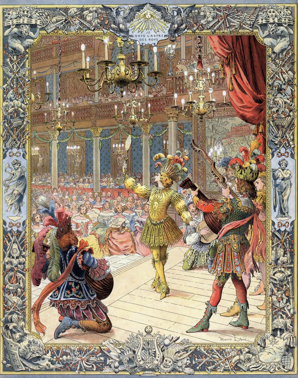 XIV. Lajos, Isaac de Benserade (1612-1691) librettójának „Ballet de la Nuit” résztvevője napfényes öltönyben a párizsi Little-Bourbon (Petite Bourbon) nagytermében, február 23-án alkotó: Maurice Leloir