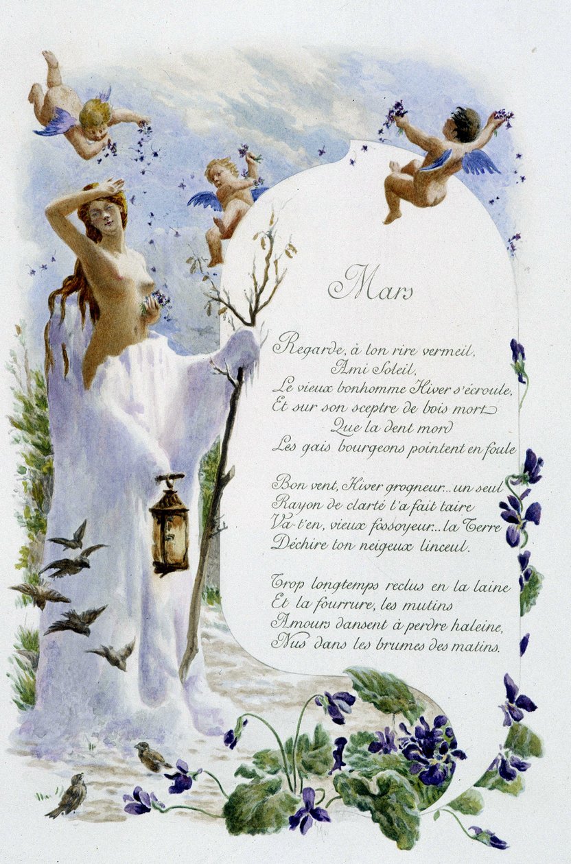 Március „A hónap dala” – Jérôme Doucet, illusztráció - Maurice Leloir, szerk. Reims 1904. L. Michaud alkotó: Maurice Leloir