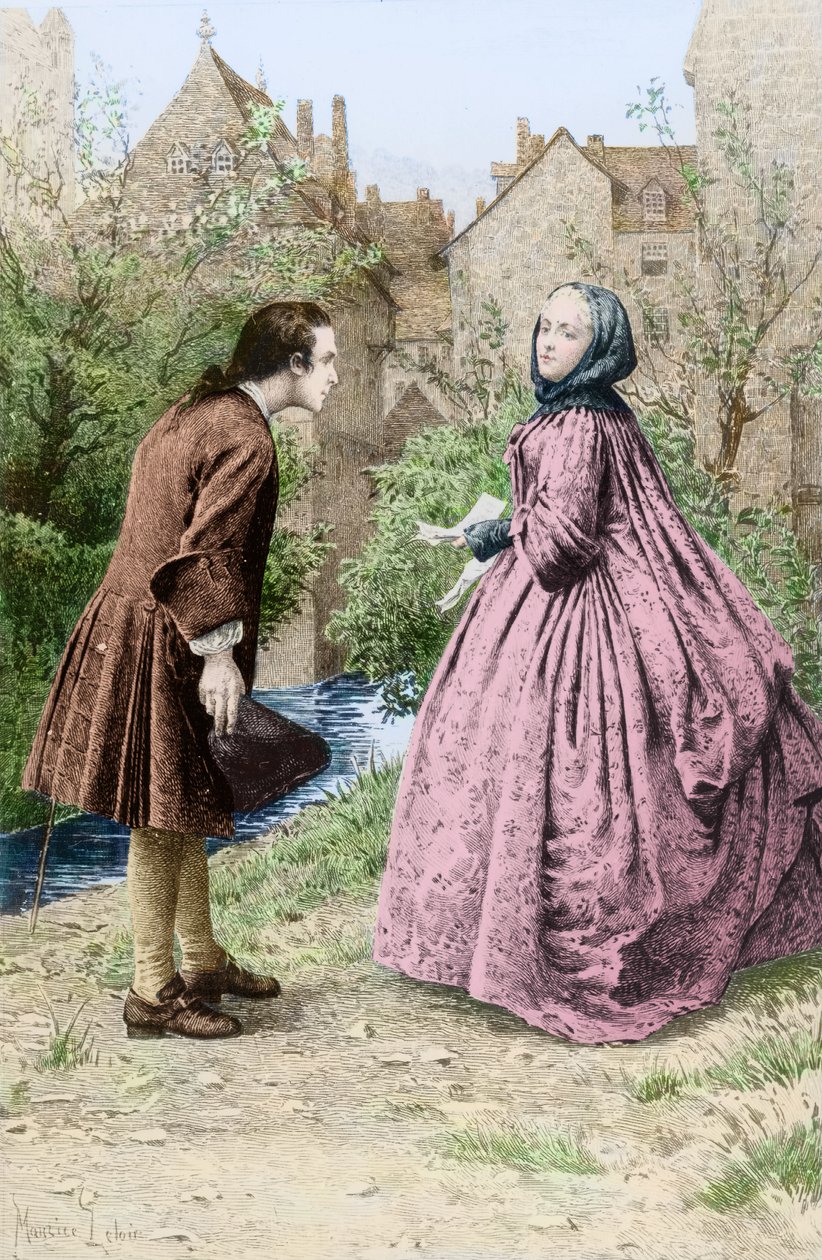 A fiatal Jean-Jacques Rousseau és leendő közeli barátja, Madame de Warens találkozása, 1728. március 21. alkotó: Maurice Leloir
