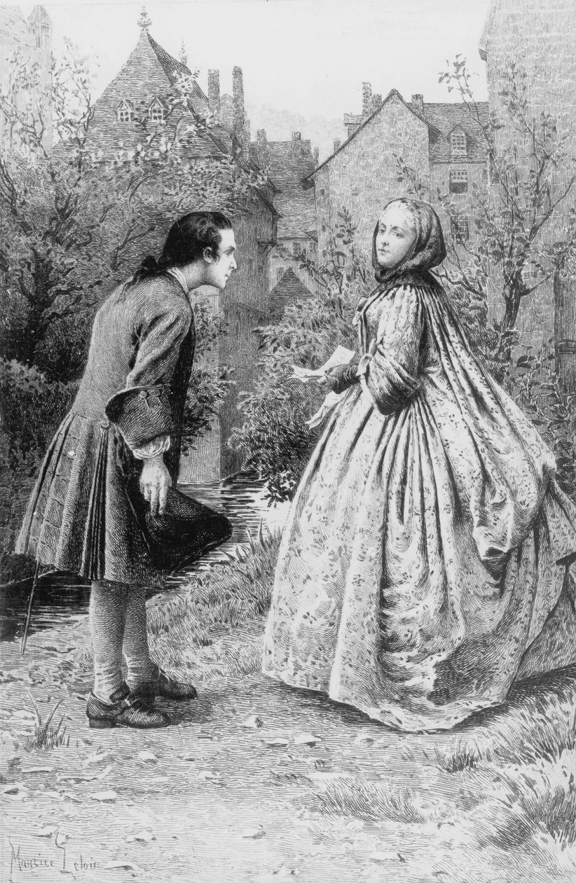 A fiatal Jean-Jacques Rousseau és leendő közeli barátja, Madame de Warens találkozása, 1728. március 21. (metszet) alkotó: Maurice Leloir