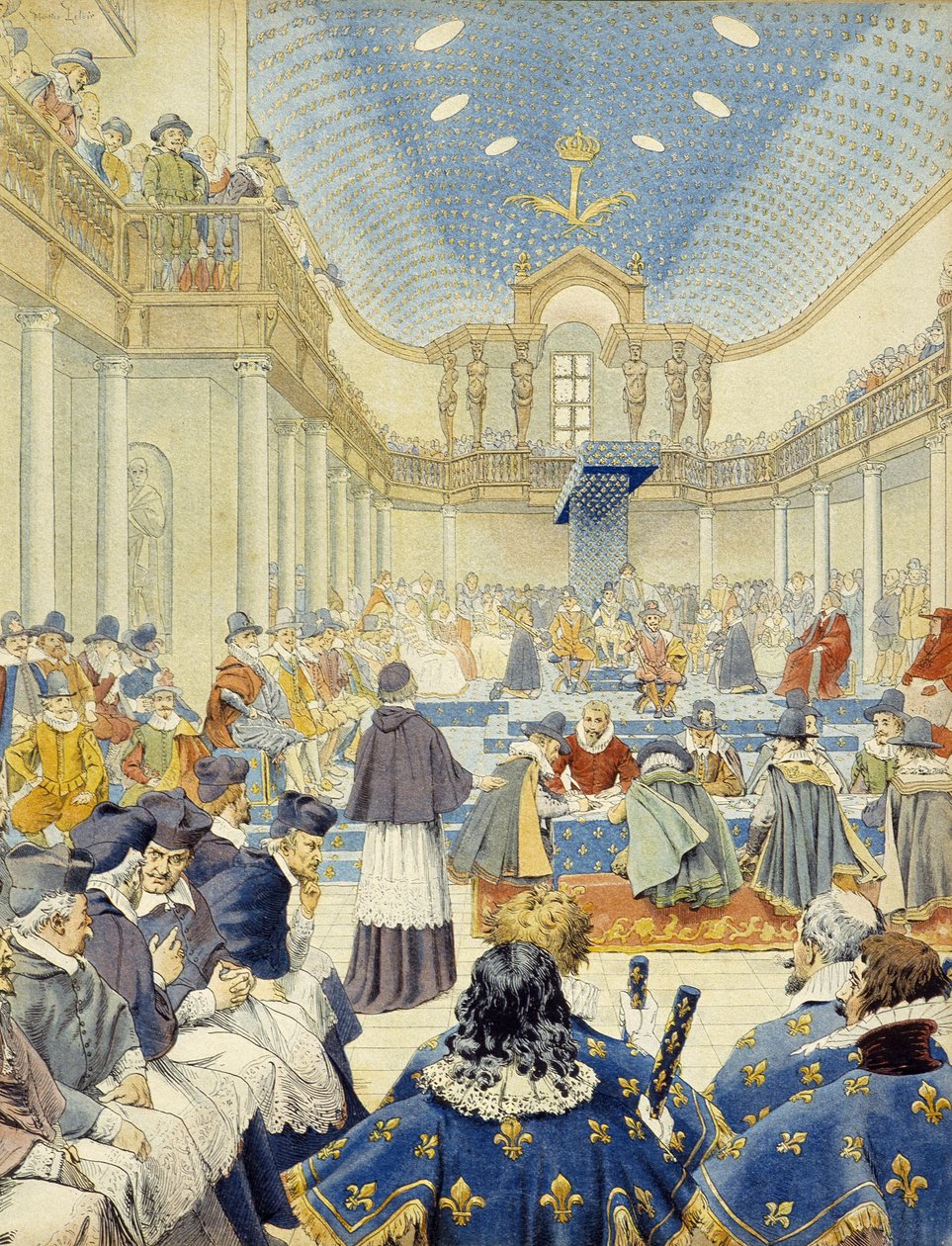 Richelieu a hivatalnok nevében tartott beszédet az államok tábornokai 1614-es záróülésén – Maurice Leloir „Richelieu”-jában. alkotó: Maurice Leloir