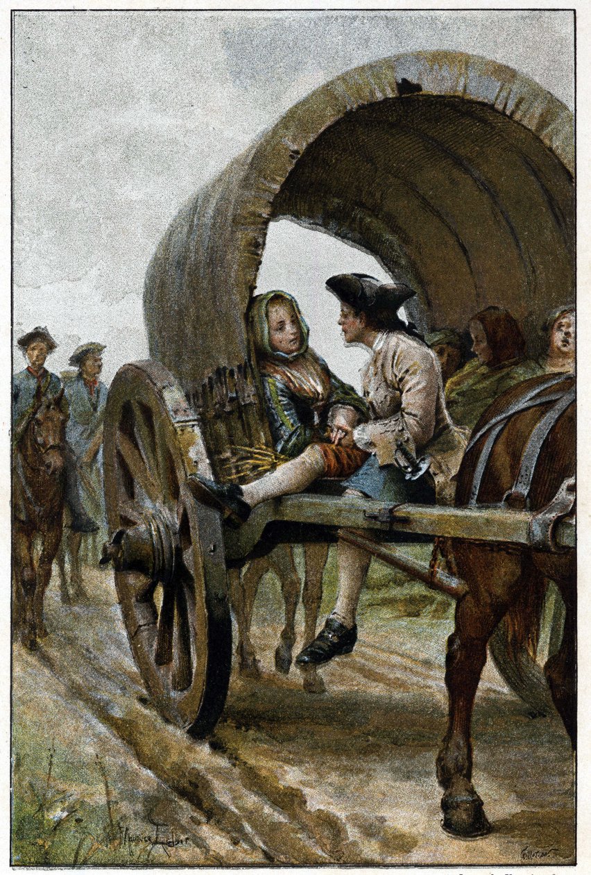 A Le Havre felé vezető úton - Prevost abbé (1697-1763), francia író „Manon Lescaut és a Chevalier Des Grieux története” című művében. Metszet Maurice Leloir rajzai alapján (1885). alkotó: Maurice Leloir