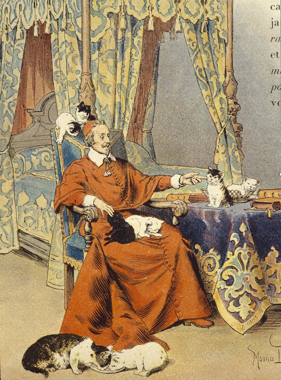 A bíboros a macskáival játszik, amelyeket különösen szeretett – Maurice Leloir „” Richelieu” című művében, deb. 20. század alkotó: Maurice Leloir